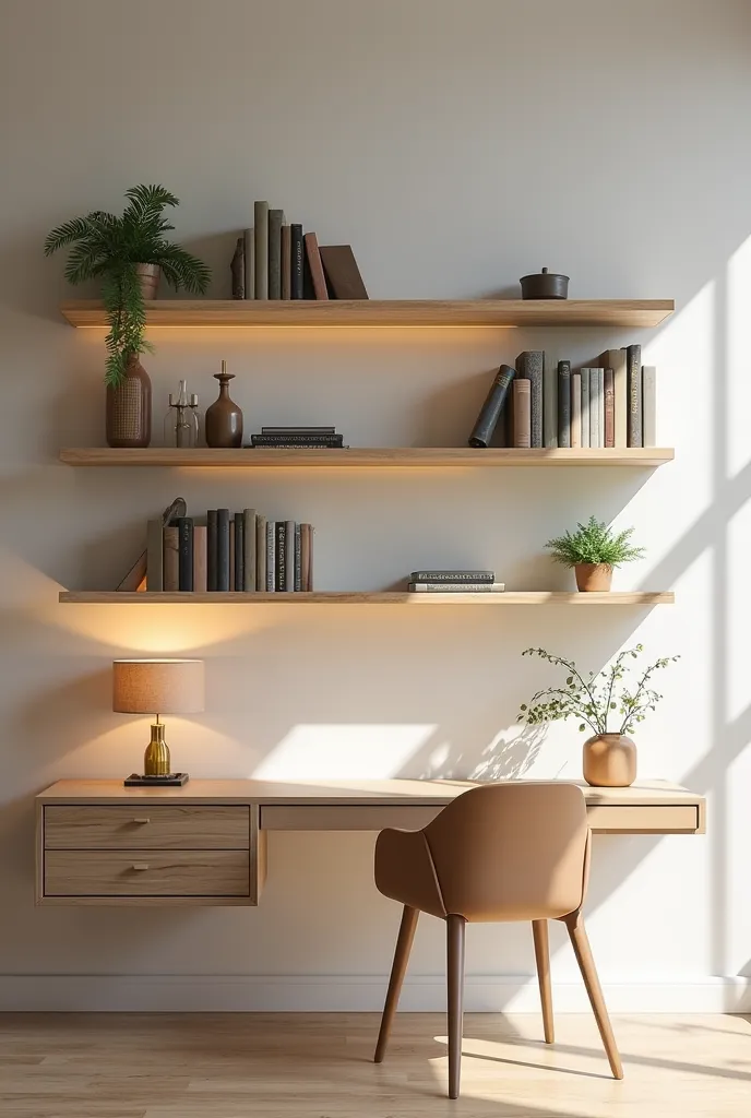 "I want an interior design image that highlights the use of floating furniture and shelves to create a modern and functional space. The composition must include floating wooden or metal shelves in neutral tones, used to display books, decorations and plant...