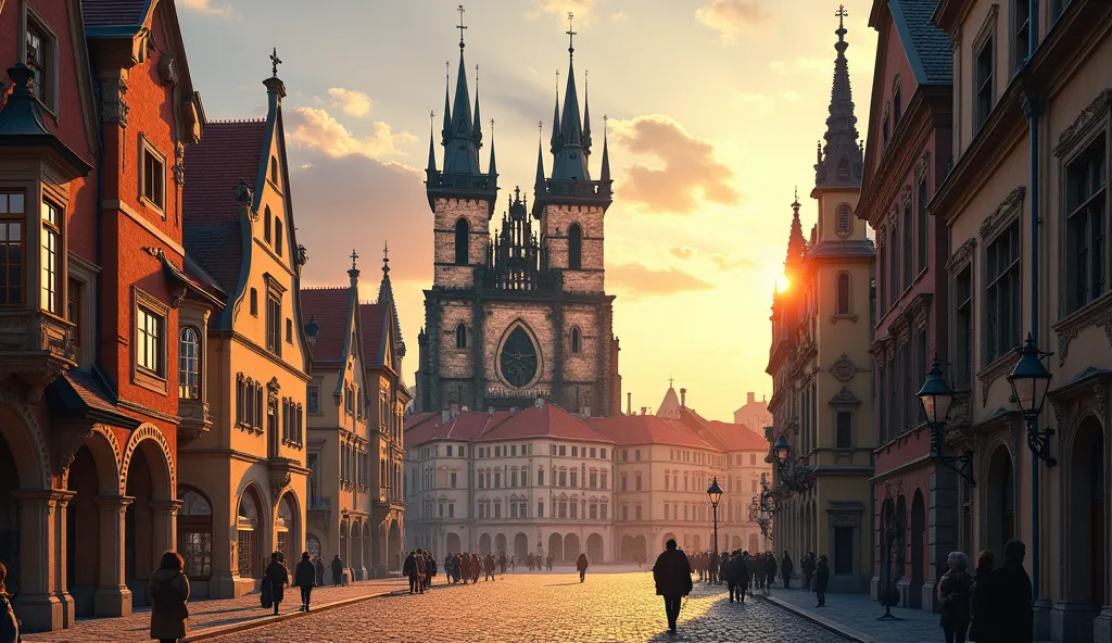 Prague Old Town, Czech Republic
"A medieval town square in Prague, Czech Republic, featuring the Astronomical Clock, gothic churches, and colorful baroque buildings bathed in soft evening lights."