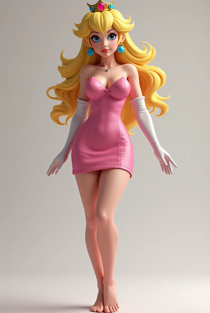 Make Princess Peach blonde with long wavy hair, a crown, a tight short dress, long white gloves, big breasts, Photo realistic, full body, feet, barefoot, soles, 