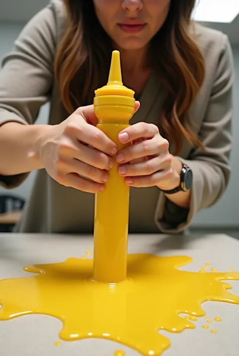 A woman squeezing a mustard squeeze forcing the squeeze to drop a large amount of mustard onto a table