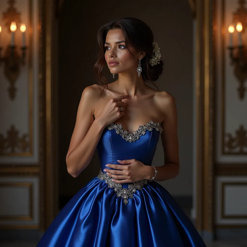 Sari takes a deep breath, softening the front of her elegant dress, a stunning creation of shiny silk in a deep shade of royal blue. She embraces her curves in all the right places, the bridal neckline and the delicate lace trim that accentuates the elegan...