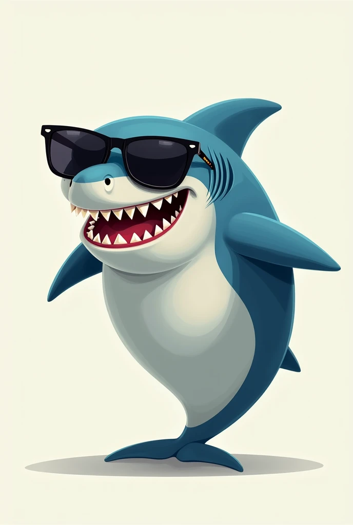 A 2D cartoon-style shark with large dark glasses with an evil evil smile without feet and facing to the right