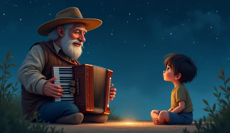 Grandfather with straw hat playing accordion for ren sitting on the floor,  under a starry sky . The sparkle in the ren's eyes contrasts with the man's healthy and aging face.”