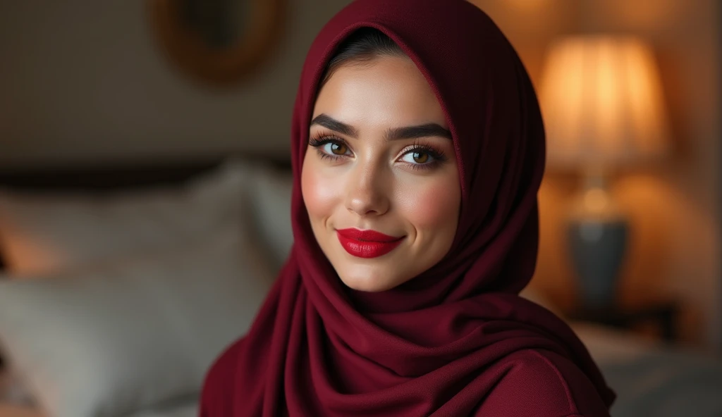 *"Create a highly detailed, photorealistic portrait of a beautiful woman wearing a hijab in a beautiful and well decorated bedroom. She has striking eyes, flawless skin, and a confident, warm smile. Her makeup includes bold red lipstick and well-defined ey...