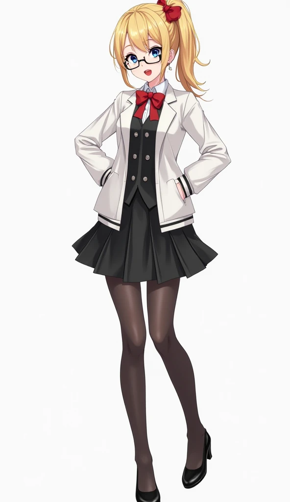 1 girl [appearance= "blonde ponytail", " blue eyes", "glasses", " red lipstick", " ear piercings", "red bow"] [Clothes= " white jacket", " black suit", " black skirt", " black tights ", " black heels"] ( full body plane) 4K anime-style illustration,  Preci...