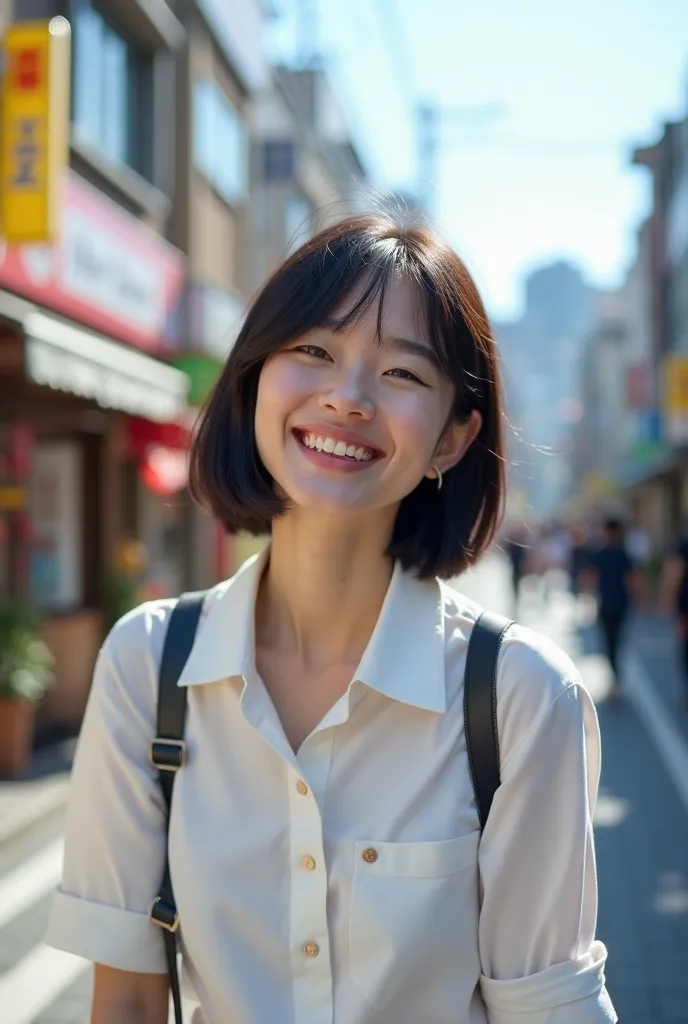  a Japanese girl 、Age 25、Wearing a white shirt、high quality、high resolution,  small breasts,  smiles,  shortcuts, (Looks real)Around town、 shortcuts,  black hair, solo,  dutch angle, Artistic, 