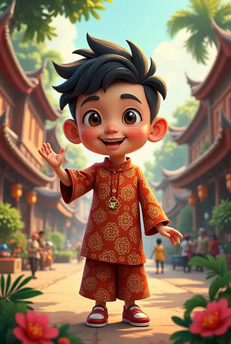 Make me a character with elements of tolerance and democracy, dress this character in traditional Indonesian batik clothes, and this character should be cartoonish. 