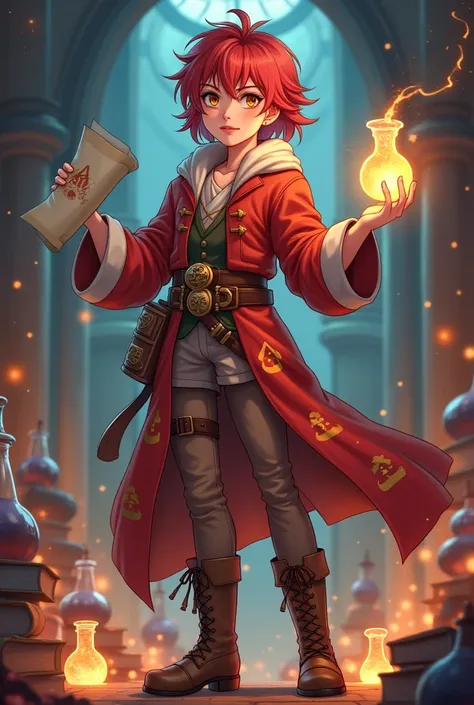 
"Full-body RPG alchemist character in anime style. The character is a redhead, approximately 1.5 meters tall, wearing a student alchemist outfit. The outfit includes a long robe with alchemical symbols, a belt with potion vials and tools, and sturdy boots...