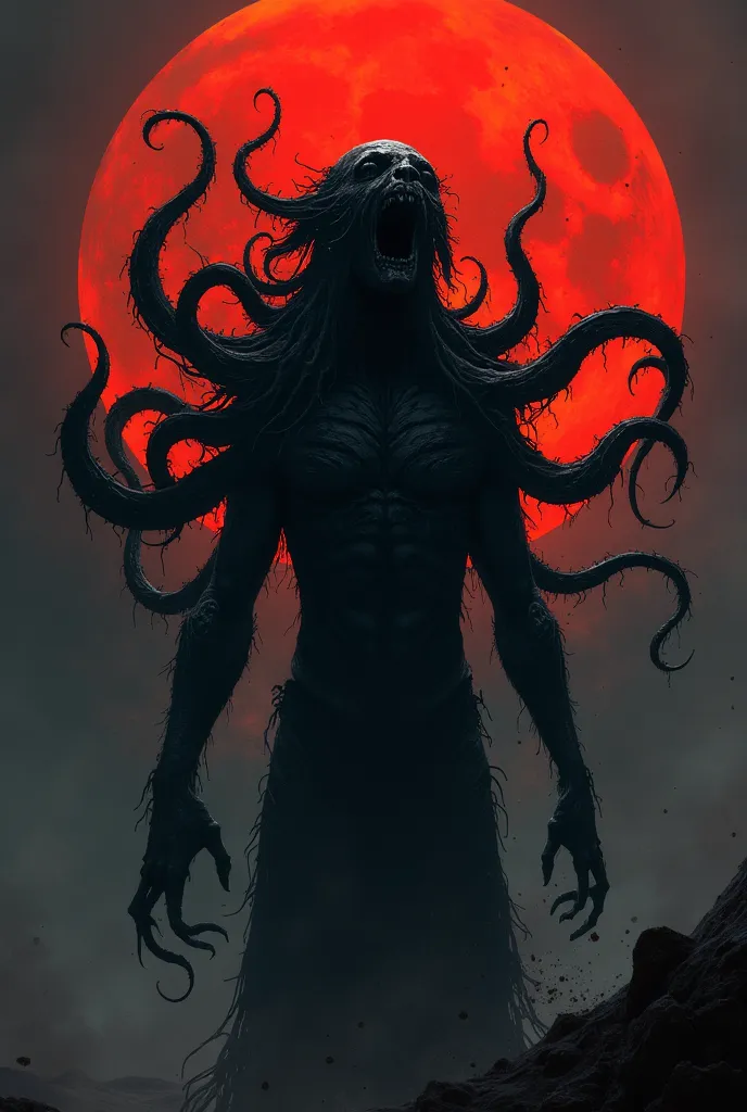 Tentacles grew from my head、black物体、Red Moon、Humanoid、Tentacles from the whole body、black、disaster々Shii、Roar、