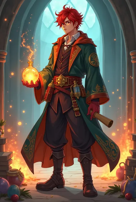 
"Full-body RPG alchemist man character in anime style. The character is a redhead, approximately 1.5 meters tall, wearing a student alchemist outfit. The outfit includes a long robe with alchemical symbols, a belt with potion vials and tools, and sturdy b...