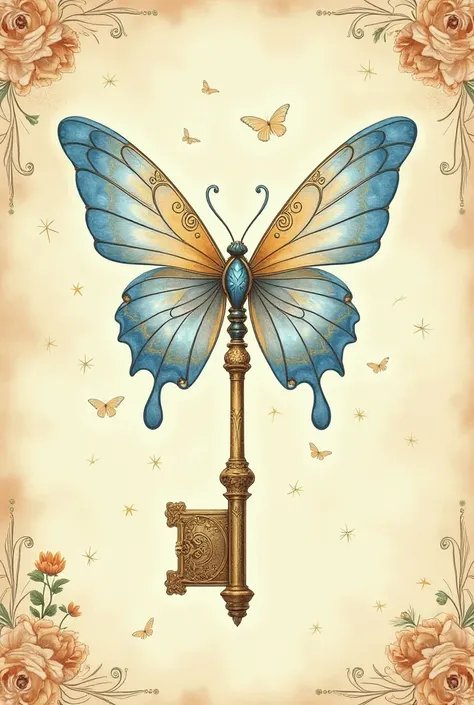 A beautifully illustrated fantasy key with butterfly wings, inspired by Studio Ghibli aesthetics. The key’s handle is ornate, featuring delicate engravings and celestial patterns. The wings are semi-transparent with intricate filigree, blending soft pastel...