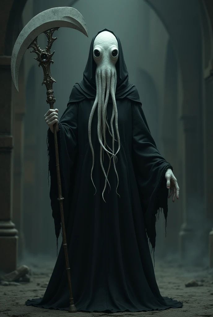 Humanoid albino squid with black eyes wearing black monk clothes and with a large sickle in his hand as a traditional representation of death