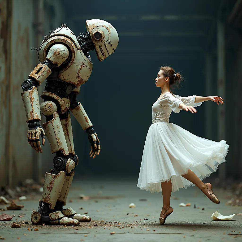 an photo of old, dirty, broken and (hunchbacked) robot watching a beautiful ballerina dancin in white robes