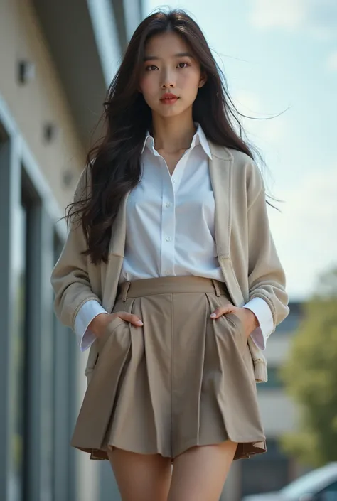 An ultra-realistic, high-resolution depiction of a young Korean female student, captured from a steep low-angle perspective, making her figure tower above the frame. She wears a short pleated skirt, a crisp white blouse under a sleek, fitted cardigan, and ...