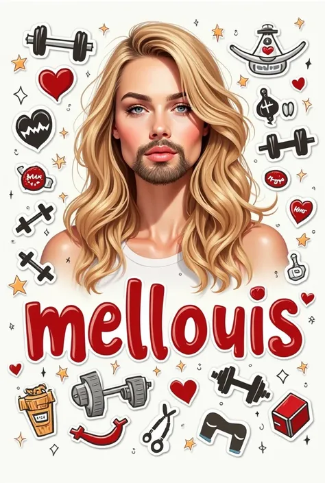 "mellouis" text right in the middle and small animation/cartoon style drawings on the edges with beautiful blonde girl, beard and moustache, fitness, handsome symbols/stickers