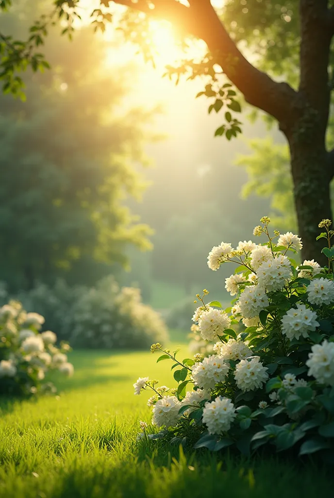 I want the picture to contain white bougainvillea flowers amid a quiet landscape with warm sunlight and lush greenery.