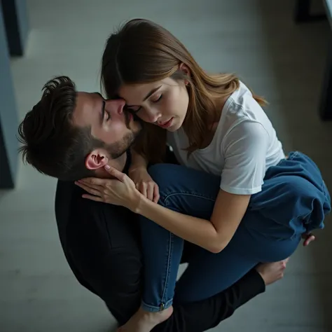 View from above. A young man in black clothes. He is standing in an office. The man looks ahead with optimism. The man carries a young woman in his arms. He reaches under her legs with one arm. He grabs her waist with one arm. The woman is sleeping on his ...