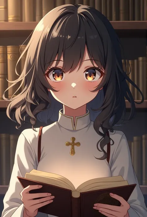 Anime girl with wavy hair Religious with books 