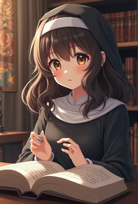 Anime girl with wavy hair Religious with books 