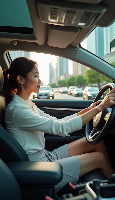 A beautiful Thai woman with an elegant face is dressed in formal work attire, wearing a blouse and a fitted skirt that falls above her knees. She is sitting behind the steering wheel of a sedan, driving to work in the morning amidst heavy traffic in a bust...