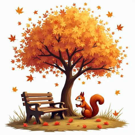 A Logo with the following elements;  dry autumn leaves , a tree with dry leaves, Grass, A beautiful sky, a squirrel,  a wooden bench . All this with spectacular colors,  Maximum detail,  very nice, very striking