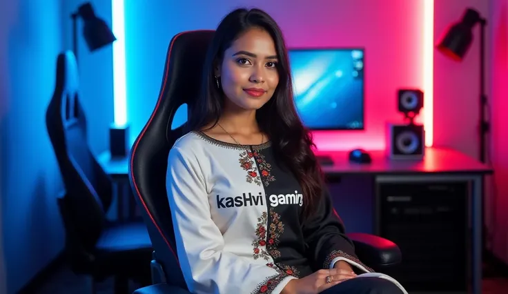 An indian woman sitting confidently on a modern gaming chair in her youtube studio. she is wearing a white and black kurti  with kashvi gaming boldly printed on it. her face is clearly visible, radiant, and expressive. , while looking directly at the camer...