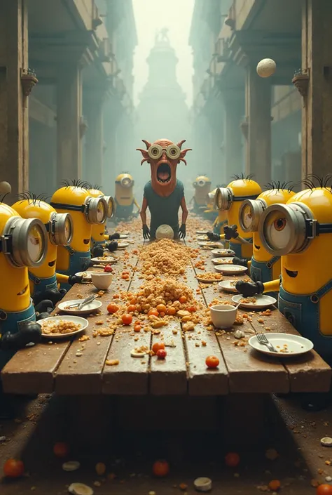 Group of minions at a super large table making a mess eating and two freaky minions doing some weird stuff in the very back hard to see 