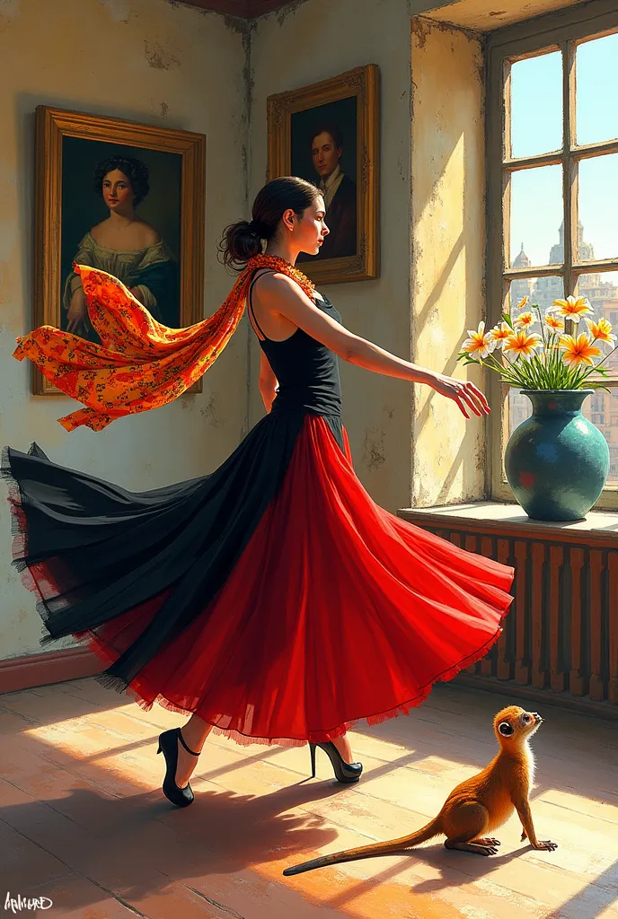 colored sketch of a modern Spanish ballerina, black and red Spanish dress, large scarf with Gustav Klimt colors, dancing in the room, classical paintings on the wall, large vase with lily flowers in the corner, a small golden tamarin watching her dance, ol...