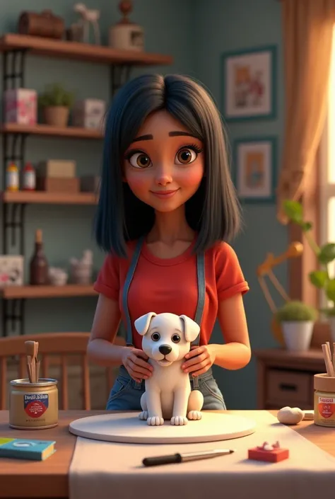 Pixar poster light brown woman straight black hair with light brown eyes ,dressed in denim shorts red blouse ,making on a table. white a figure of a puppy,surrounded by clay tools in an art studio with furniture full of oil,gift boxes ,colored cans and pic...