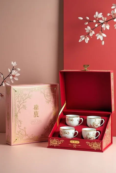 Create two images of decorative boxes, one rose, the other red, with a set of cups (For dinner) Or dinner 