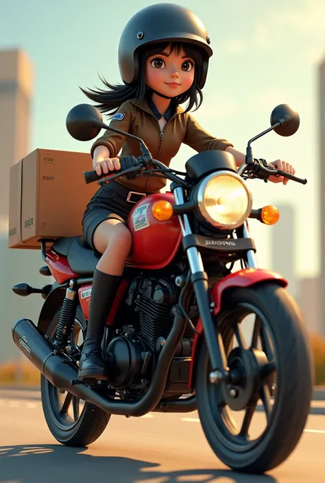 Pixar type girl tall medium length black hair,
With brown and black uniform and black open helmet Moto honda cb 125 black and red with shipping box