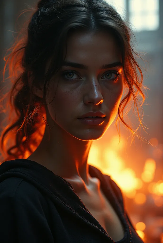 femme guerrière sparte dans la lumière, l'arrière plan sombre avec chaos et flammes; (masterpiece:1.2) (illustration:1.2) (best quality) (detailed) (intricate) (8k) (HDR) (wallpaper) (cinematic lighting) (sharp focus)(highly detailed face) 