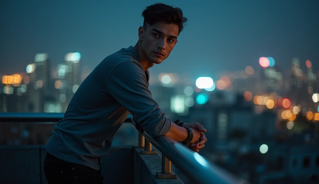  Night Light,  photo-realistic, sharp focus ,The eyes and face are very detailed
The passionate townspeople of a good-looking young man who expresses his sense of freedom as he
A casual but stylish outfit. This includes a gray long-sleeved shirt, black pan...