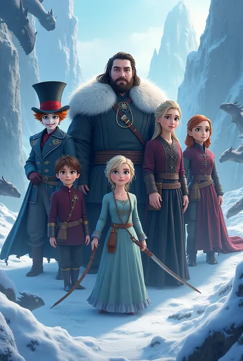 Movie poster of the medieval animated film "Snow Army".  with the word "for" In the spotlight and the characters Mad Hatter, Jon Snow, Daenerys Targaryen, King, Katniss Everdeen,  V for Vengeance , dragons and snow.