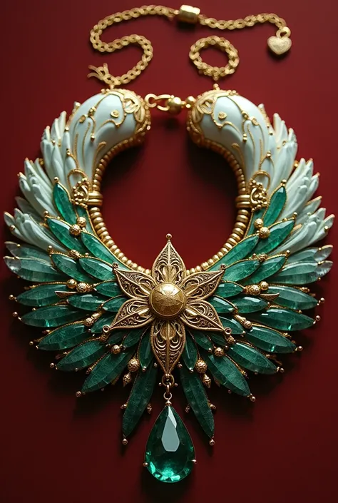 a circular necklace with the shape of an angel, the pieces are 50 grams of gold and three pieces of silver, one piece is big and white with intricate curvaces, all three pieces are on the top part of the necklace which is emerald green in color, the beads ...