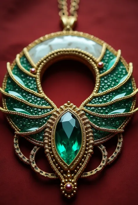 a circular necklace with the shape of an angel, the pieces are 50 grams of gold and three pieces of silver, one piece is big and white with intricate curvaces, all three pieces are on the top part of the necklace which is emerald green in color, the beads ...