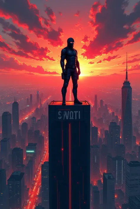 Guy with balaclava and black military suit on top of the skyscraper in big city and sunset in anime version