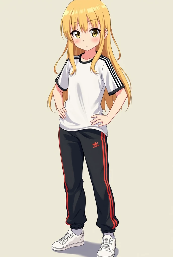 Anime blonde girl with bangs is wearing white short sleeved shirts with black stripes on shoulders  , black adidas long pants with red - white three stripes white socks and white shoes  is standing putting her hands on her left waist 