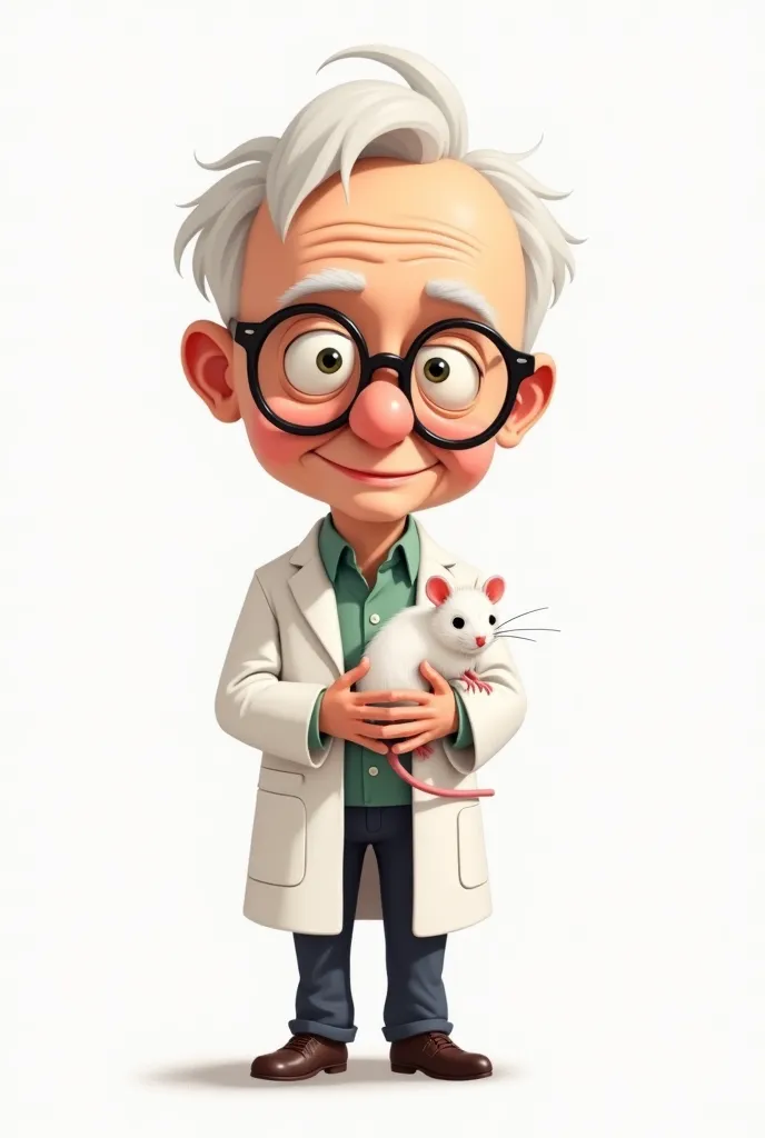 illustration of an elderly human scientist with short white hair, wearing glasses, with a slight smile, inspired by B. F. Skinner, Holding a red-eyed white mouse,  fine and delicate lines,  white background
