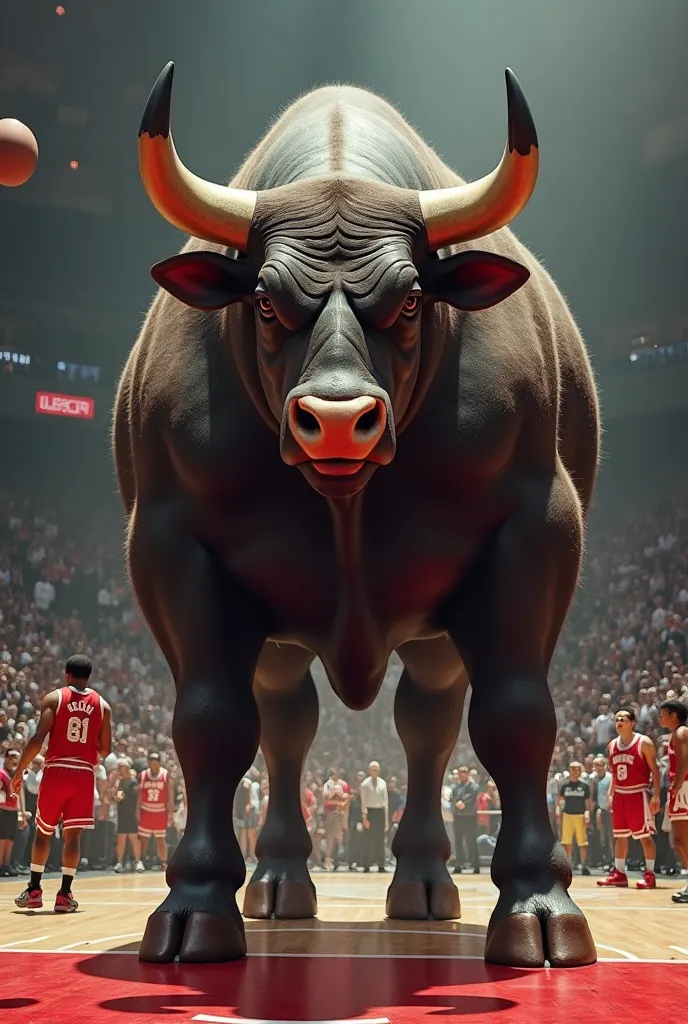 image of a huge bull in the form of a man. This bull is the symbol of the Chicago Bulls Basketball Club.... he is very huge , standing full length on a basketball court, people look like bugs in the background. Very high image quality with lots of small de...