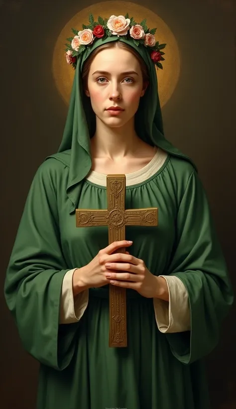 An image of Saint Margaret , from the bust up,  wearing a dress
green and a wreath , holding a cross and looking at the camera with a look of determination and faith.