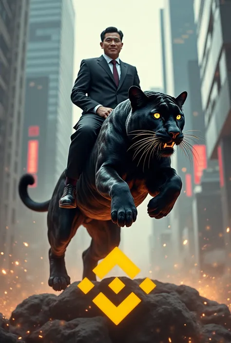 Changpeng Zhao, the owner of the Binance platform, rides on the panthe, jumping over the Binance logo