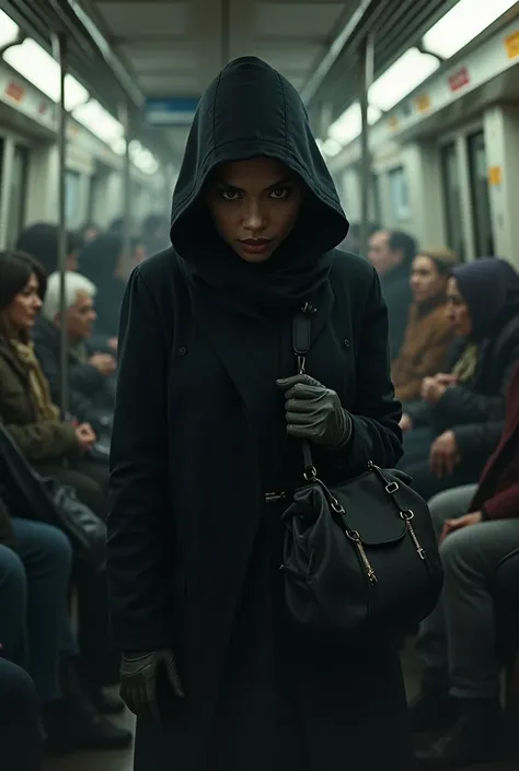 Picture of a pickpocket on the subway with a malicious smile on her face as she runs away with her bag to an old woman. she's stealing her bag. steals. She is evil and is covered by a hood. they are