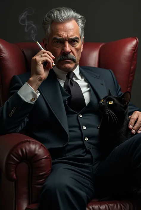 A dignified, middle-aged man in a dark double-breasted suit, sitting on a luxurious sofa, stroking the head of a black cat on his lap and smoking a high-quality Havana cigar, exuding the vile aura of a mastermind.