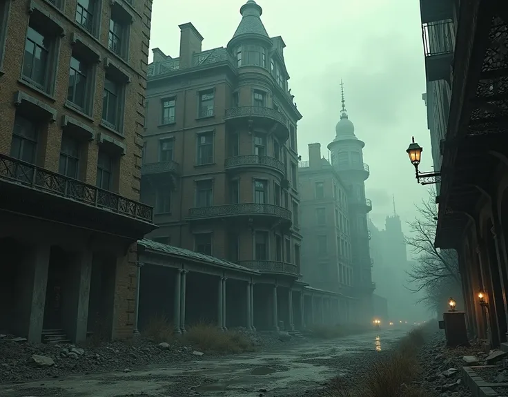 wide shot seen from below, old decrepit mansion (1900s) wedged between two tall dilapidated buildings from the 1930s in a Gothic city, bridges, old factories and other old buildings, smoke, noxious atmosphere, Cinematic Lighting