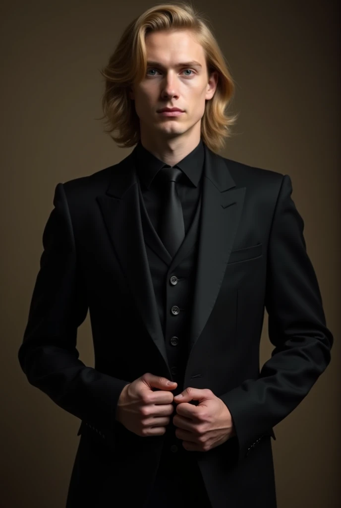 Portrait of a blond man, Young, beautiful, Air Angelica wearing an antique black suit, Monarch suit , he is facing,  looking at the camera, holding the edges of her suit with her hands, completely black suit, Do men have medium hair with long side bangs
