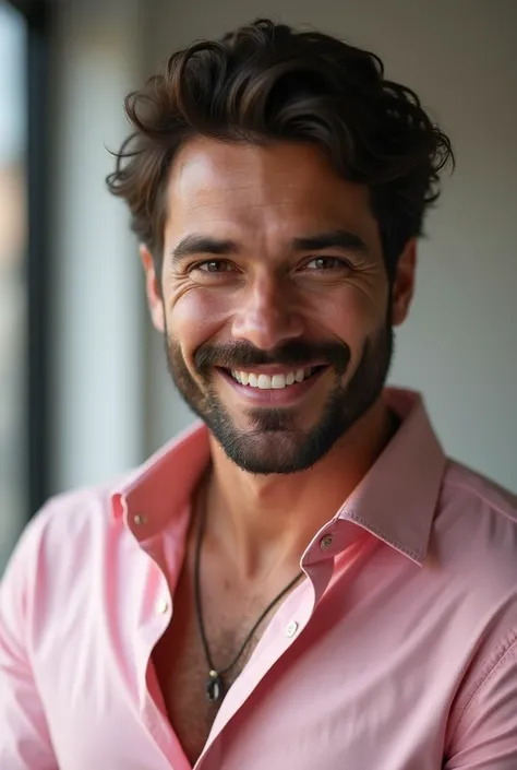 handsome and attractive man, about 40 years old, with a beard and white skin ,  dark brown eyes ,  wide shoulders, low-cut pink button shirt dress,  wearing glasses,  Smiling and captivating .  