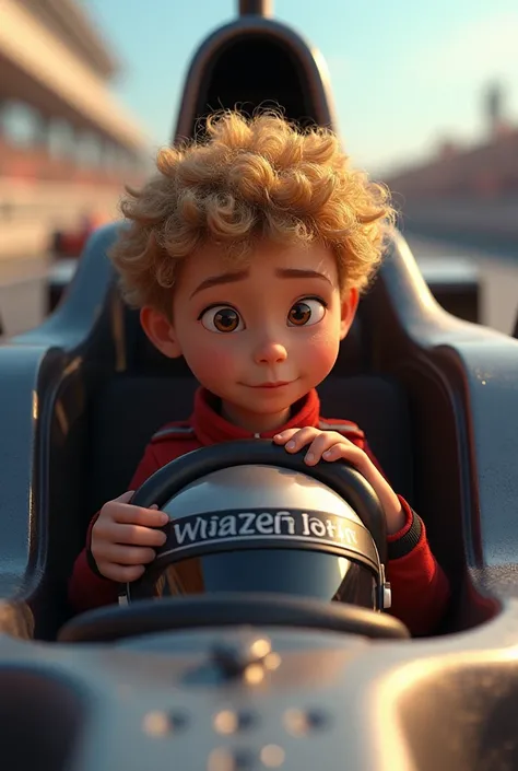  VINCENZO ,  A  boy, thin, car seat medium curly blond hair and determined light brown eyes, Are you sitting in a Formula 1, adjusting his helmet.*