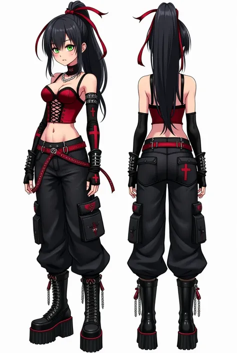 Anime character design, ((front view and back view)) ((full body)) with a gothic and punk aesthetic. Young woman with long black hair tied in a high ponytail with floating red ribbons. Irregular bangs on her forehead. Her gaze is defiant, with sharp, clear...