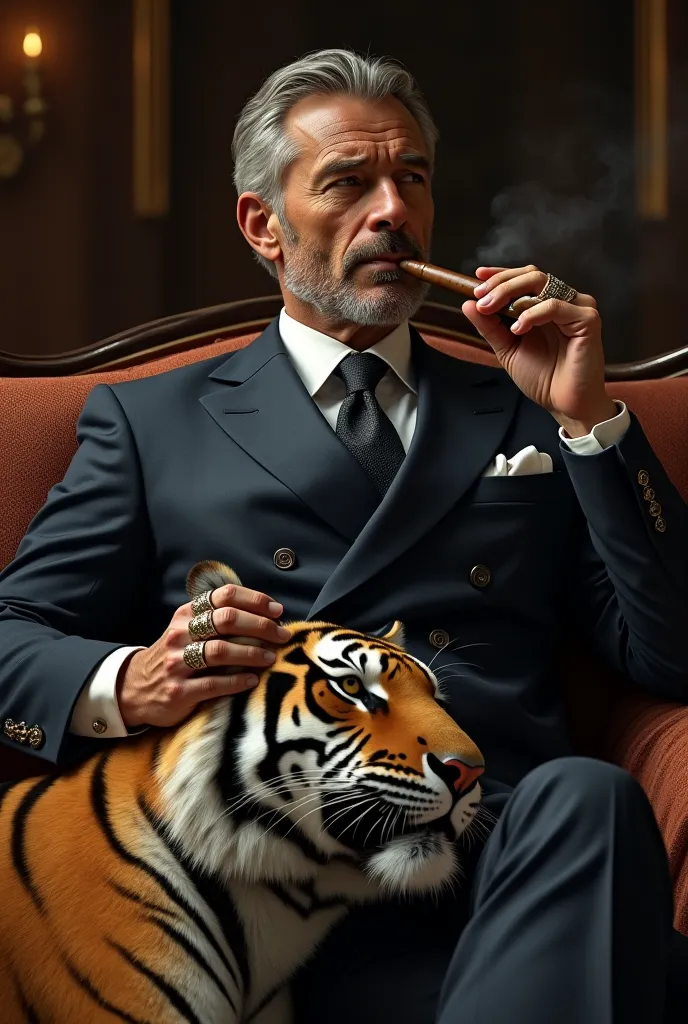 A middle-aged man with a dignified, boss-like presence, sitting on a luxurious sofa in a dark-hued double-breasted suit, smoking a high-quality Havana cigar in his mouth, and stroking the head of a Bengal tiger on his lap with his rough, ring-covered hands...